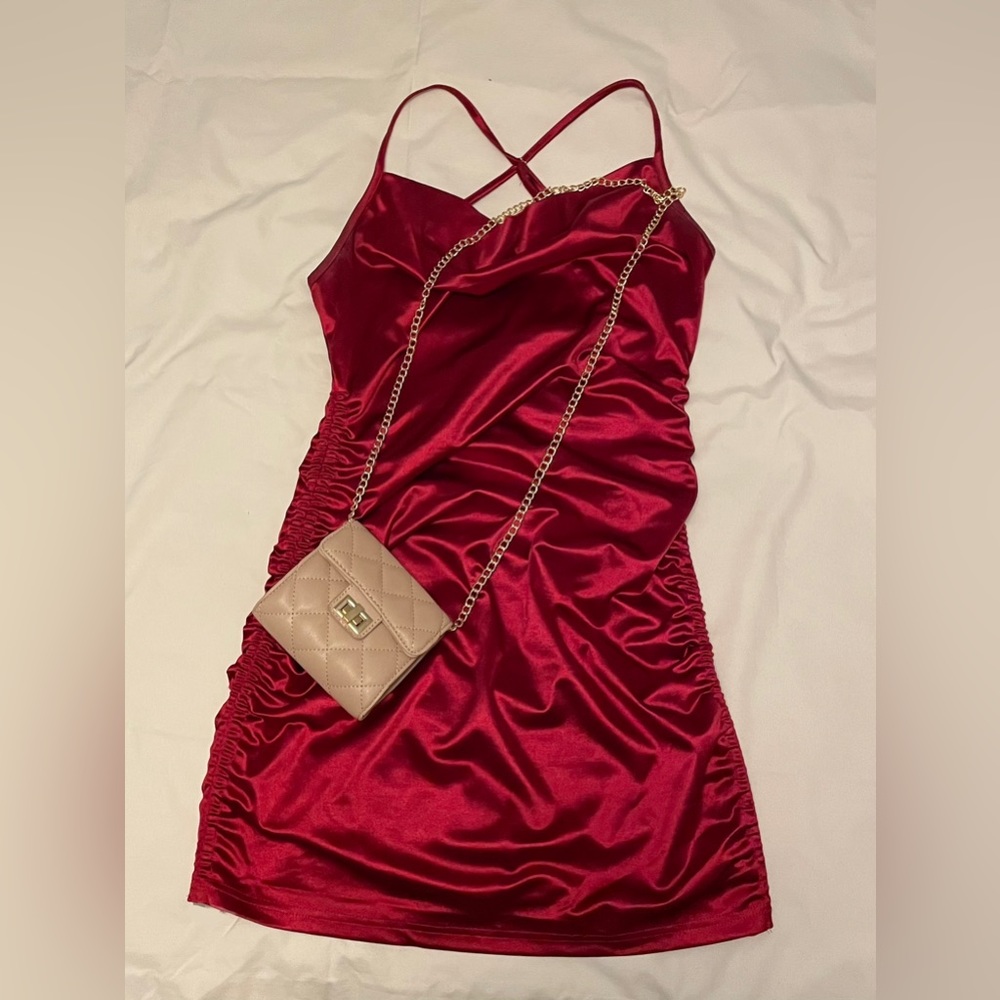 Women's Satin Skily Cowl Neck Ruched Drawstring Cocktail Bodycon Mini Dress